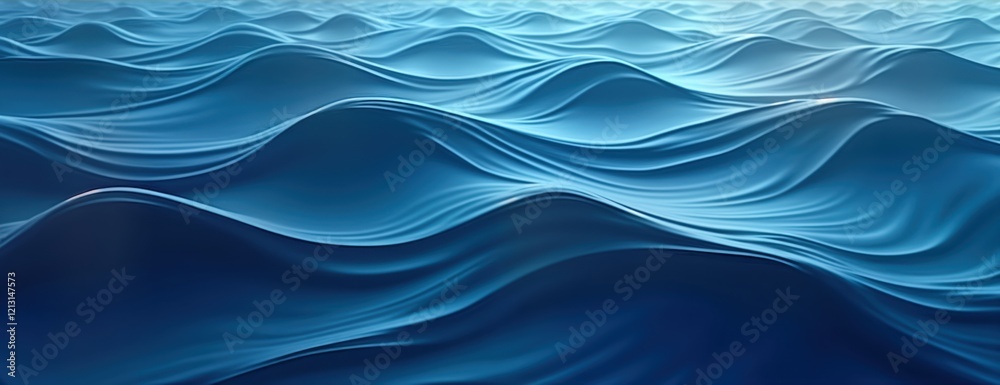 Poster Abstract design with blue waves. Smooth curved lines create visual texture. Minimalist style background suitable for various applications. Suggests tranquility, calmness. Dynamic pattern mimicking