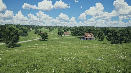 Sunny rural landscape, houses on rolling hills, idyllic countryside scene, perfect for real estate