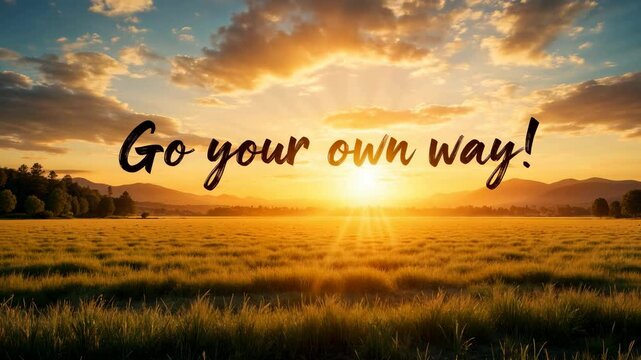 The text "Go your own way" in dark letters against a background of dawn, a field and floating clouds. The concept of freedom.