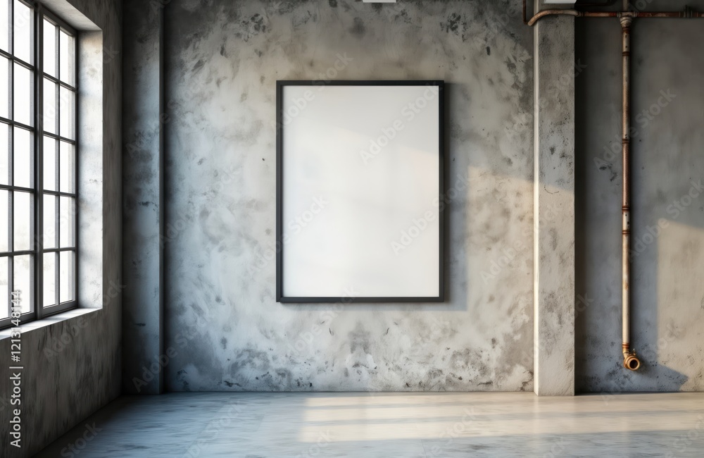 Poster empty square photo frame hangs on textured concrete wall. industrial loft style interior design. bla
