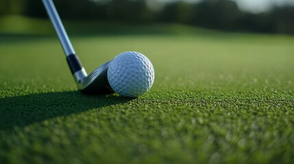 A closeup view of a golf club and ball placed neatly on a lush green golf course, surrounded by natures beauty