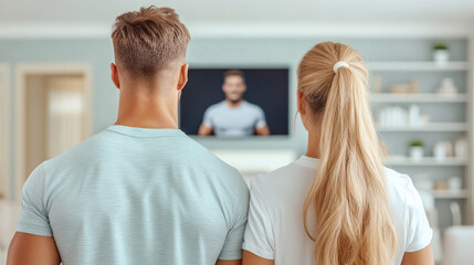 Obraz premium Two individuals are focused on a motivational speaker displayed on the television, positioned in their comfortable living room filled with natural light