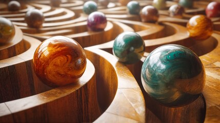 Obraz premium Marbles rolling through wooden labyrinth.