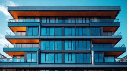 Obraz premium modern apartment building with glass balconies and wood accents.