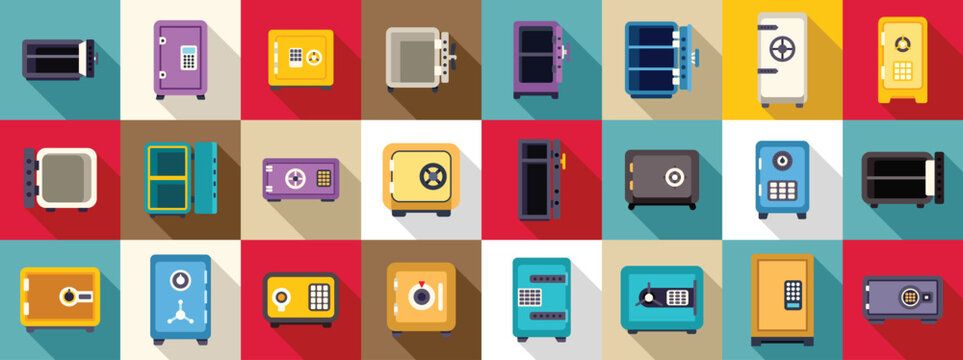 Strongbox gun icons set. Different types of strongboxes, including safes and lockers, ensure secure storage of valuables with varying security features