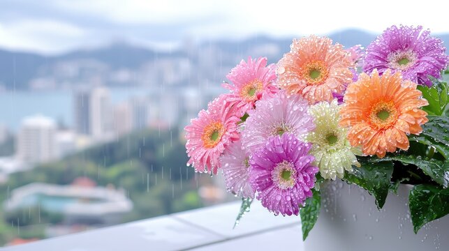 Rainy city view, colorful gerbera daisies in pot
