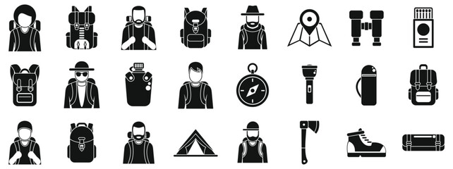 Man trekking travel icons set. Hikers are exploring nature, carrying backpacks and using various equipment for their adventure
