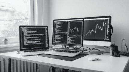 Monochrome image of three computer screens displaying code and graphs on a white desk.