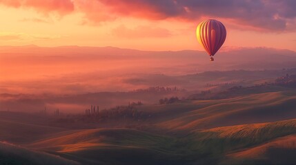 Obraz premium A hot air balloon soaring above rolling hills and mountains in the distance at sunrise or sunset.