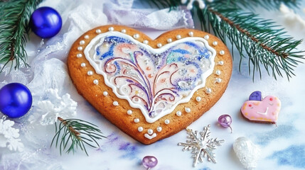 A beautifully crafted heart-shaped gingerbread cookie is adorned with vibrant icing and decorative pearls beside festive ornaments and pine branches, creating a holiday atmosphere