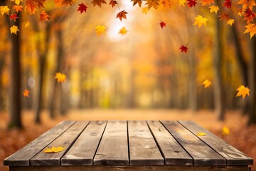 Rustic Wooden Table with Falling Autumn Leaves in the Background