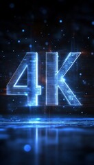 Glowing Digital 4K Logo on Abstract Background with Futuristic Blue Lights, 3D Render