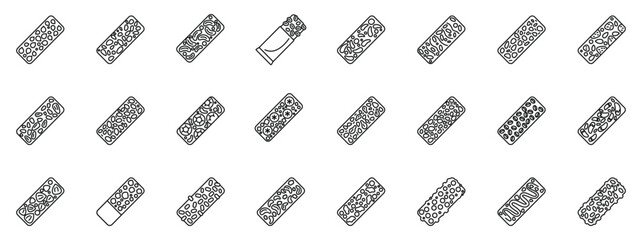 Muesli bar icons set. Cereal bars made with nuts, seeds, and other ingredients, showcasing different packaging options