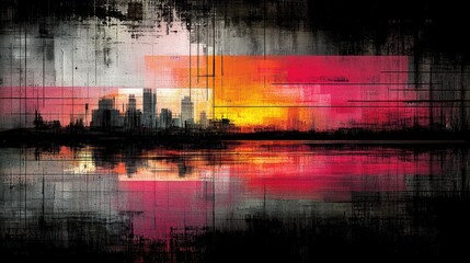Abstract city skyline reflected in water at sunset.