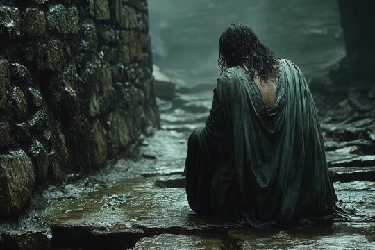 john the baptist depicted in a dimly lit prison cell reflects solemnly on his fate surrounded by stone walls the scene conveys a powerful sense of isolation and the weight of prophetic duty