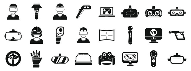Video game virtual reality icons set. Collection of icons representing various aspects of virtual reality technology, including headsets, controllers, and software applications
