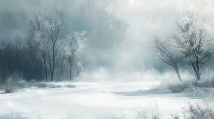 Frosty winter forest scene, snowy landscape, dramatic sky, calm, nature background
