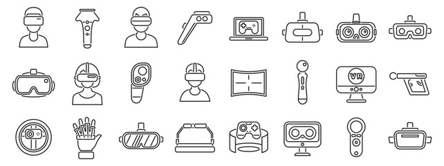 Video game virtual reality icons set. Vr technology offers immersive experiences through headsets, controllers, gloves, and other accessories, transforming how users interact with digital worlds