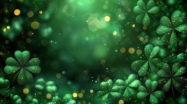 A green background adorned with sparkling shamrock shapes, perfect for a St. Patrick's Day celebration.