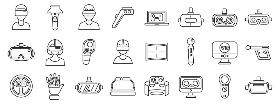 Video game virtual reality icons set. Vr technology offers immersive experiences through headsets, controllers, gloves, and other accessories, transforming how users interact with digital worlds