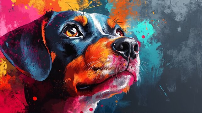 A colorful painting of a dachshund's head.