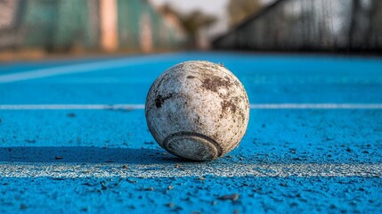 a dirty white ball on a blue track.