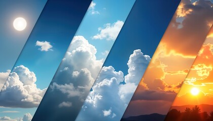 Digital design banner weather forecast. Visual display of various weather conditions. Different sky images including sun, clouds show sunny day, sunset. Possible use for weather app. Informative,