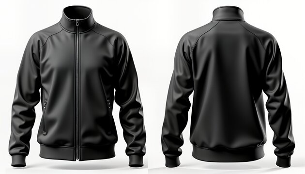 Black track jacket mockup. Front, back views. Isolated on white background. Design template for sportswear. Stylish athletic jacket. Modern, minimalist design. Versatile, sophisticated. Zip closure.
