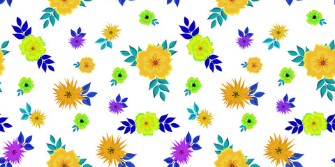 Obraz premium Floral seamless vector pattern in minimalist style, blue yellow green blue and white background, bright colors