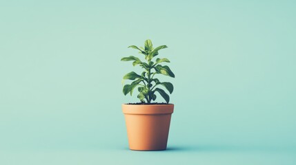 Small potted plant with vibrant green leaves against a pastel blue background.