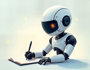 Cute robot writing on notebook. Futuristic tech concept. Creative robot author writes on paper. Modern robot using pen. Artificial intelligence creating content. Robotic copywriter working with tech.