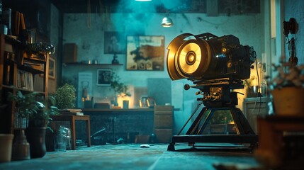 Fototapeta premium A large film camera is situated on a tripod in a cluttered and dimly lit room.