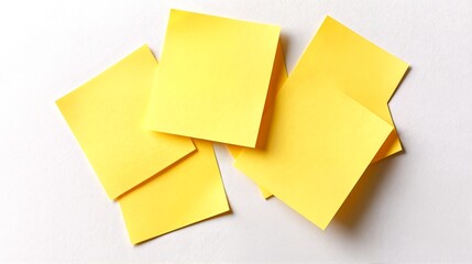 Fototapeta premium Yellow post-it notes scattered on a white background.