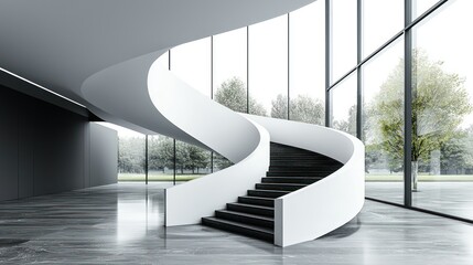 Modern curved staircase, lobby, glass wall, park view, architecture