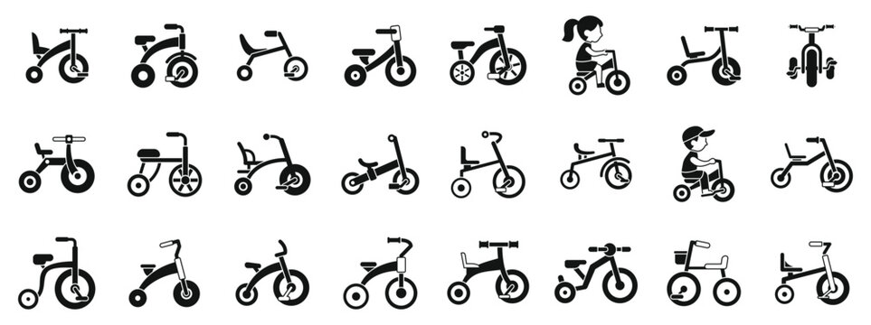 Kids tricycle icons set. Set of tricycle icons representing children enjoying outdoor activities, showcasing different models and styles of this popular childhood vehicle