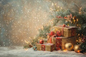 Snowy Christmas gifts, lights, winter scene, festive card