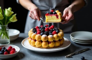 hand holding a plate with cake