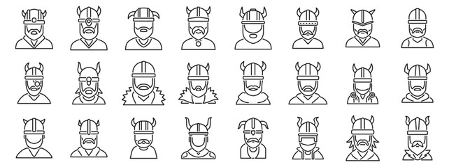 Viking helmet icons set. Viking warriors wearing horned helmets, a set of line art icons representing norse mythology and scandinavian culture