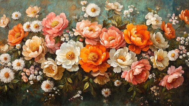 A vintage oil painting of a floral arrangement featuring a mix of pink and orange flowers with yellow centers against a blue-green background.