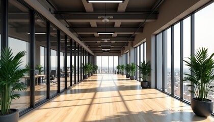 Fototapeta premium Modern open space office with glass walls. Daylight streams in. Empty corridor with wooden floor. Plants in pots. City view visible through large windows. Elegant and minimalist design.