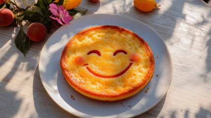 Happy face lemon tart on plate with fruit.