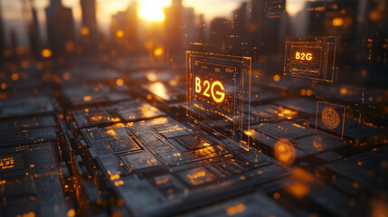 "B2G" with official document icons, state seals, and digital approval processes in muted gold tones. Bright lighting, contrast