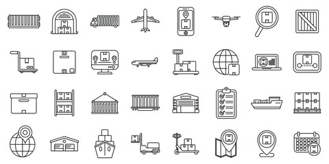 Airplane transport logistics icons set. Line icons illustrating various aspects of logistics, delivery, and supply chain management, including shipping, warehousing, and tracking