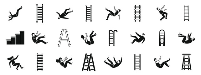 People falling down stairs icons set. Set of simple black icons representing people falling from different types of ladders and stairs, highlighting workplace accidents