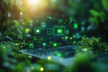 "B2C" with abstract shapes representing online shopping and user-friendly interfaces, surrounded by light green icons. Bright lighting, contrast