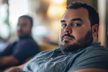 Fototapeta premium A young man with a beard sitting on a couch, looking thoughtfully at the camera.