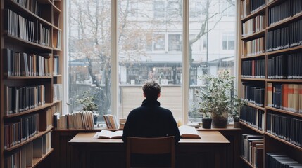 A man sits at a wooden desk in a serene library, surrounded by books, focusing on reading while enjoying a mindful and distraction-free environment.