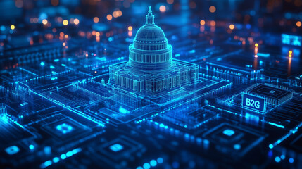 "B2G" featuring official documents, digital approval icons, and government structures with abstract network connections. Bright lighting, contrast
