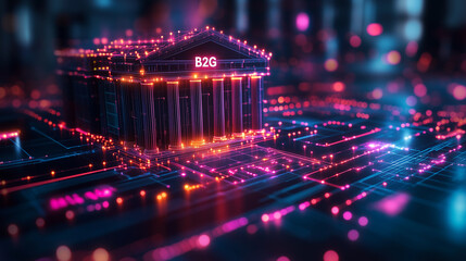 "B2G" featuring official documents, digital approval icons, and government structures with abstract network connections. Bright lighting, contrast