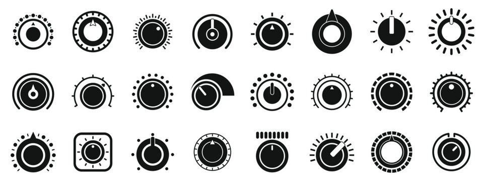 Volume control knobs icons set. Collection of simple black round turning switches, sound or multimedia settings, audio knobs, volume regulators, control panel elements